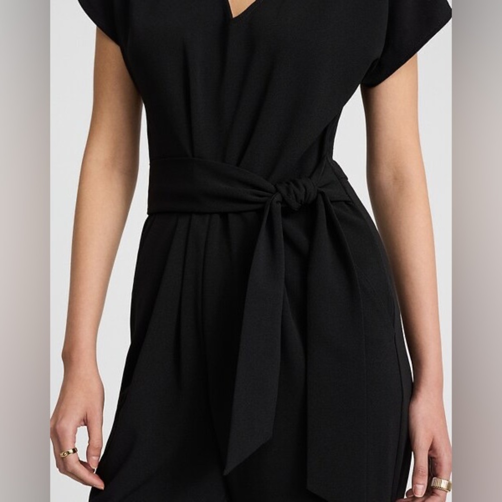 Express Black V-Neck Tie Waist Straight Leg Jumpsuit with Pockets, Medium - Picture 2 of 9